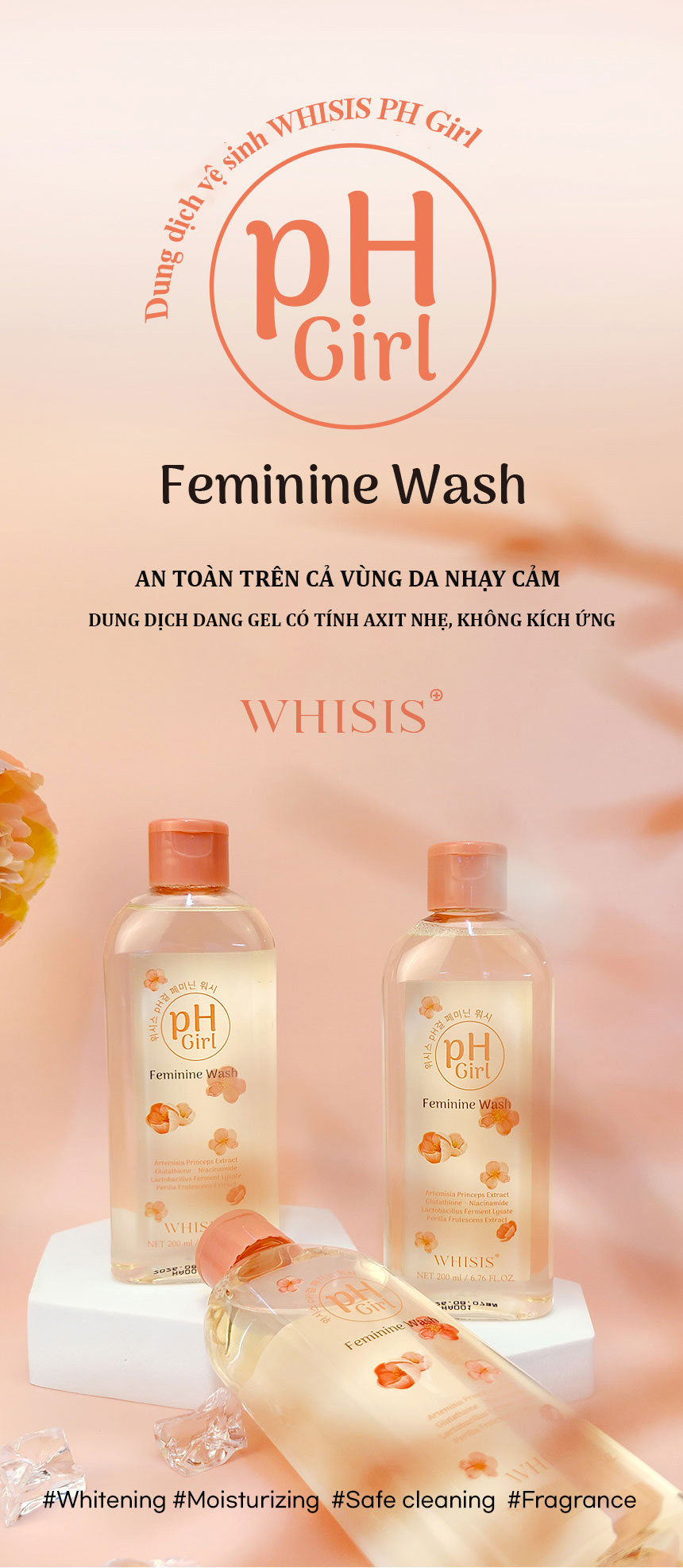 Dung Dịch Vệ Sinh Phụ Nữ X2 Nghệ Nano Whisis pH Girl Feminine Wash 200ml Làm Sạch, Khử Mùi, Dưỡng Ẩm, Giảm Viêm An Toàn