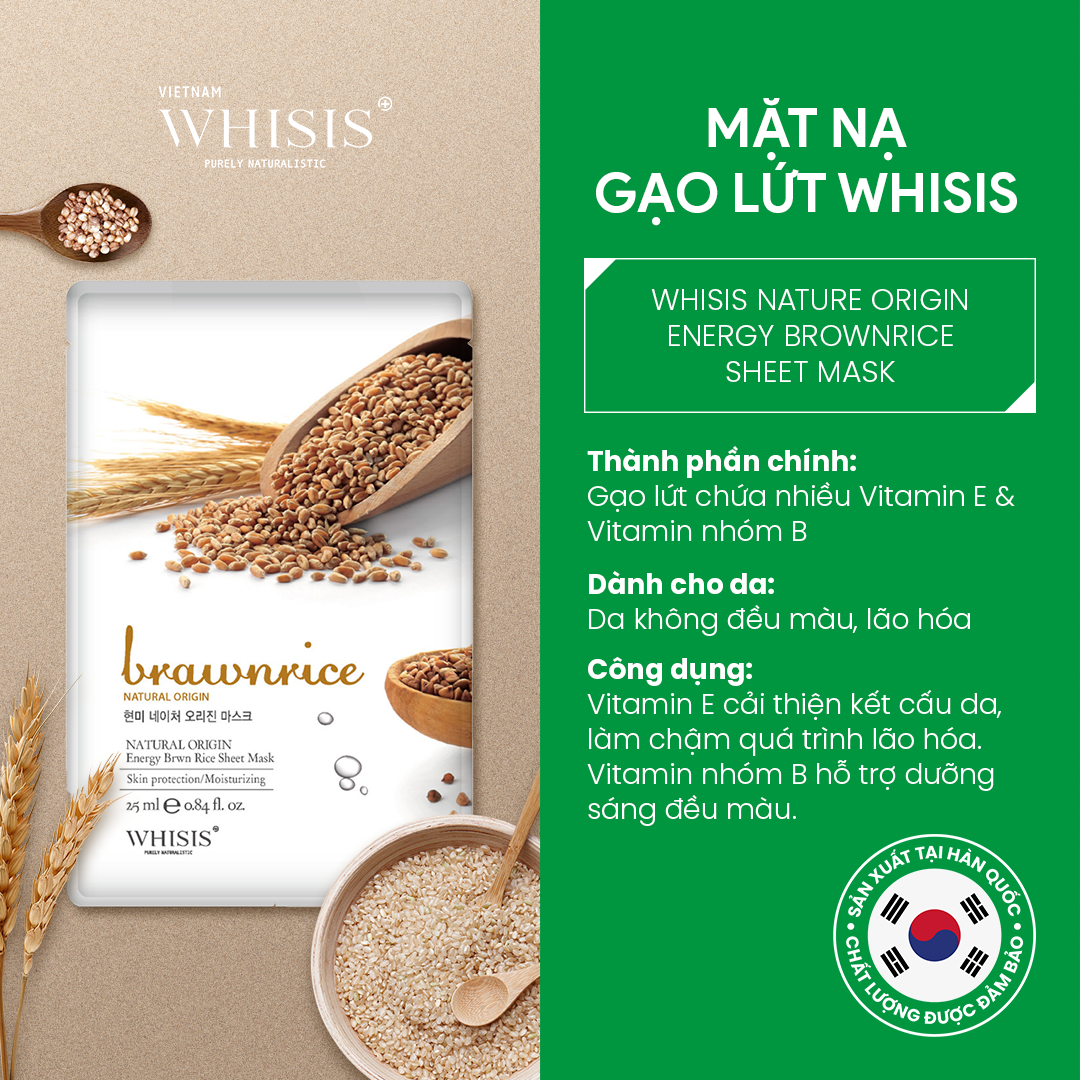 Mặt Nạ Giấy Hàn Quốc WHISIS Nature Origin Energy Brownrice Sheet Mask Chiết Xuất Gạo Lứt 25ml