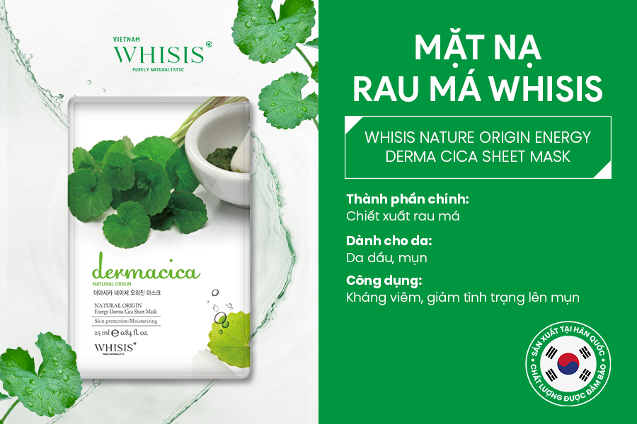 Mặt Nạ Giấy Hàn Quốc Trị Mụn WHISIS Nature Origin Energy Derma Cica Sheet Mask Chiết Xuất Rau Má 25ml