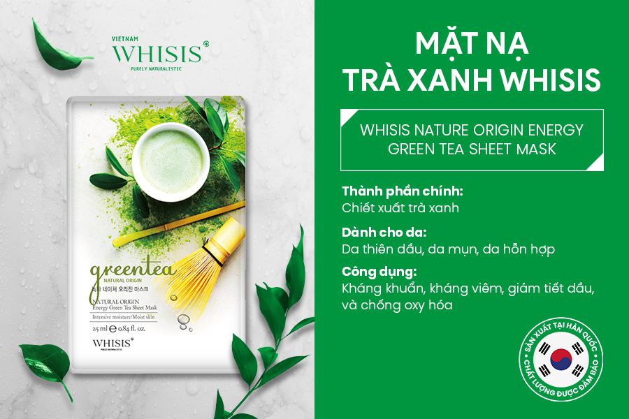 Mặt Nạ Giấy Hàn Quốc Trị Mụn Trà Xanh WHISIS Nature Origin Energy Green Tea Sheet Mask 25ml
