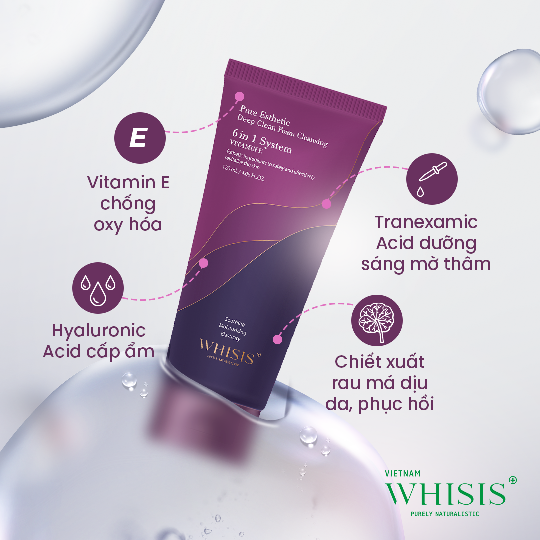 sua-rua-mat-vitamin-e-whisis Sữa Rửa Mặt Trắng Da Vitamin E WHISIS Pure Esthetic Deep Clean Foam Cleansing 120ml